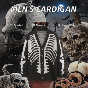 เสื้อคาร์ดิแกนถักลายแจ็คการ์ดคอวีสำหรับผู้ชายไซส์ใหญ่ OEM/ODM ลายการ์ตูนฮาโลวีนแบบกำหนดเอง เสื้อสเวตเตอร์บางสำหรับฤดูร้อนแบบมีซิป ขายส่ง - Product Image 3