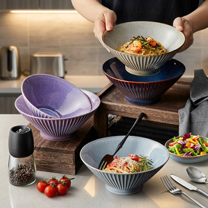 Tazón para Fideos Lamen, Cerámica de Alta Calidad para el Hogar, Apto para Microondas, Esmalte de Color, Estilo Europeo, Boca Ancha, para Fideos, Fiestas y Bodas - Product Image 1