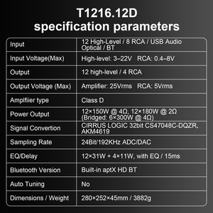 AudioWinner T1216.12D Amplificateur de voiture HiFi classe D 12 canaux DSP avec égaliseurs/croisements de séparation à <span class=keywords><strong>2</strong></span> canaux - Product Image 4