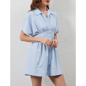 Vestido Camisero Plisado con Botones para Mujer, Manga Corta, Rayas, Mini, Casual, Uso Diario, Tejido Transpirable - Product Image 5