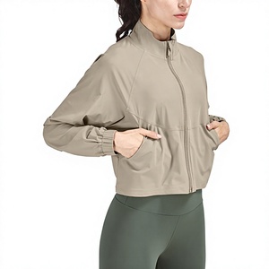 Veste courte pour femme, manches longues, col montant, couleur unie, respirante, haut de yoga - Product Image 1