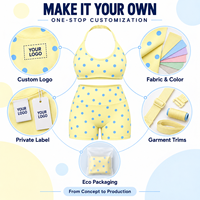 Ensemble de yoga pour femmes avec logo personnalisé, motif à pois bleus, soutien-gorge de sport et short de fitness, tenue de loisirs contrastante