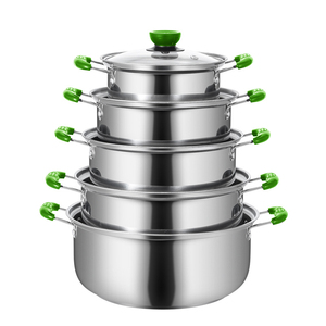 Ensemble de 10 casseroles et poêles en acier inoxydable vert avec couvercles en verre trempé, finition polie - Product Image 1