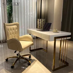 SAGLEY Office Desk Furniture Table Executive Luxury Home Design Modern Computer Desk Gold White Luxury Executive Ceo Desk