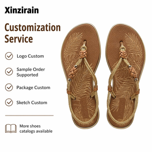Xinzirain レディース ビーチサンダル フラットサンダル 編み込みロープ パームリーフ柄 滑り止め カスタム対応 - Product Image 1