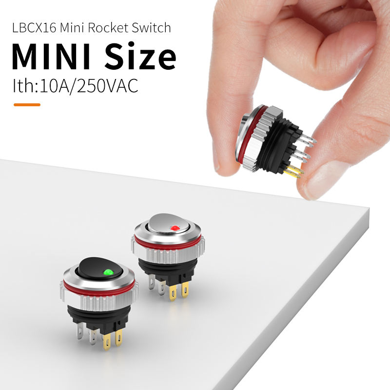 LANBOO CX16 16mm LED Rocker Switch 7A Current 2NO/2NO2NC Industrial On-Off 5-24V/220V Chrome-Plated/Oxidized Black Button 250vac