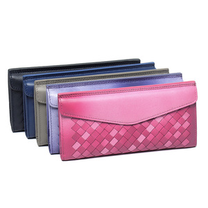 Lambskin Woven Long Zipper Wallet, OEM/ODM Custom Factory, Women's Genuine Leather Gradient <b>Purse</b> - Product Image 2