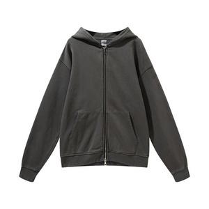 Wholesale Men's <b>Winter</b> Windbreaker Hoodie Jacket <b>Coat</b> 100% Cotton Heavy Weight Vintage Acid Wash Two Way Zipper Knitted - Product Image 6