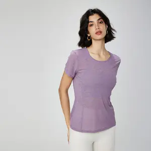 Kaus Yoga gaya pendek, kaus longgar luar ruangan kebugaran atasan bernapas olahraga baju blus kebugaran wanita