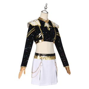 Traje de actuación Kpop Starry Romance, Top corto con lentejuelas en negro y dorado con falda blanca para mujer, ropa de escenario - Product Image 2