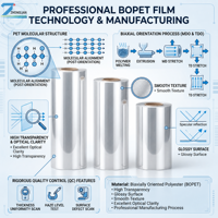 Film de base d'impression BOPET transparent 12µm, traité corona simple face (LBD) pour l'emballage, le revêtement par extrusion et l'impression multicolore