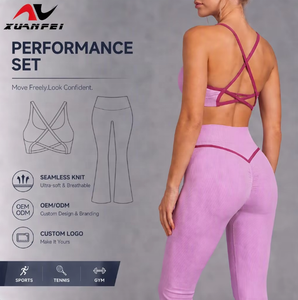 Conjunto de Yoga sin Costuras Tendencia 2026 para Mujer, Lavanda con Ribete en Contraste, Sujetador Cruzado y <span class=keywords><strong>Leggings</strong></span> Acampanados de Cintura Alta, Conjunto Deportivo de 2 Piezas - Product Image 1