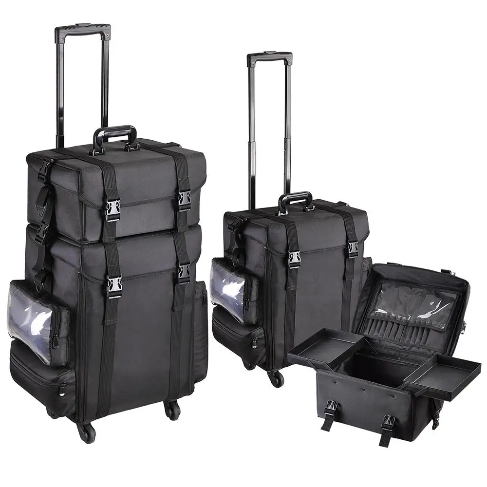 2in1 Black Oxford Soft Sided Rolling Makeup Case Cosmetic Storage Trolley 15x11x25" Train Bag Makeup