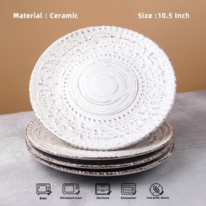 Échantillon disponible : Ensemble d'assiettes en céramique blanche gaufrée, style campagnard, 10,5 pouces, grand plat à dîner et assiettes. - Product Image 2