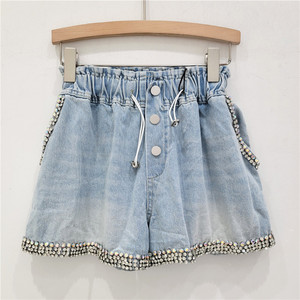 Shorts en jean bleu clair à perles, coupe large, taille haute, avec cordon de serrage, pour femme, décontractés, été - Product Image 1