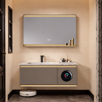 Meuble-lavabo flottant haut de gamme avec éclairage d'ambiance intégré, lavabo, miroir lumineux et design élégant avec finition dorée