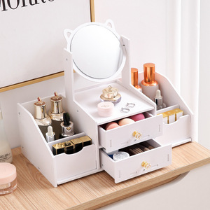 Cat Ear Makeup <b>Mirror</b> With Drawer Wooden Storage <b>Box</b> For Desktop Cosmetic Organizer Modern Style - Product Image 2