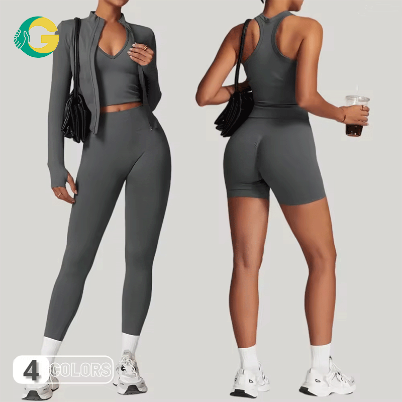 GC NEW Yoga 5 Pcs Seamless Sets Quick Dry Tight Running Shock-Proof High Waist Sports Set for Women Outdoor Fitness Gym Wear