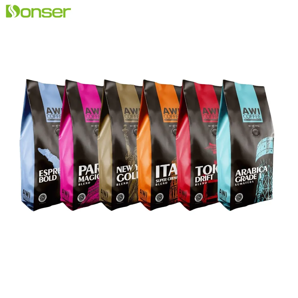 Pochette de café vente directe d'usine de qualité supérieure 250g vide personnalisé imprimé en plastique fermeture éclair fond plat sac de café avec valve