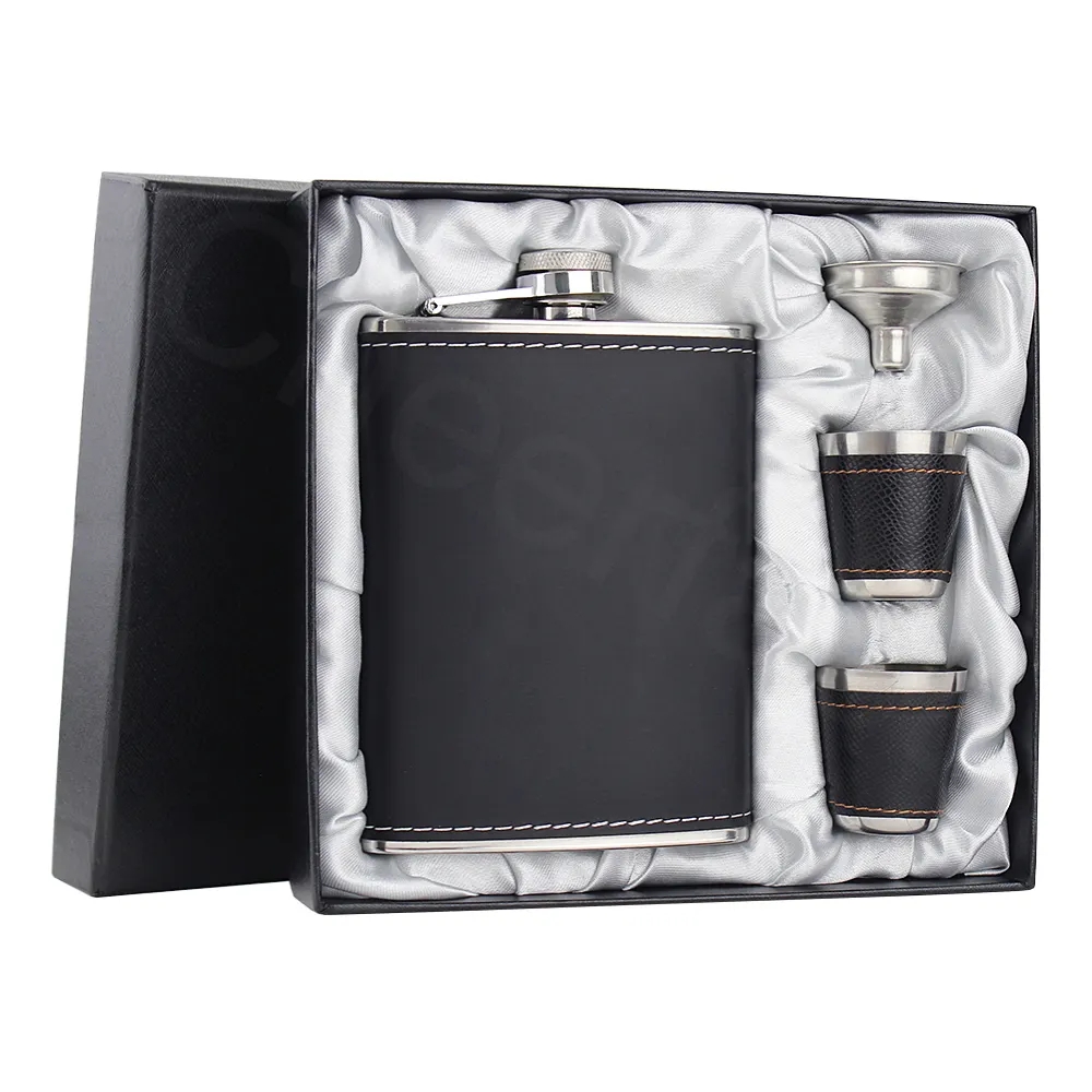 Hip Flask Set With Silk Lining Box- Black PU Leather Hip Flask
