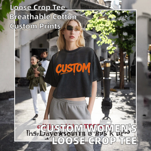Custom Women's Crewneck Loose Summer Breathable Knitted Crop <b>Top</b> Tee 100% Cotton Short Sleeve Streetwear T-Shirt - Product Image 2
