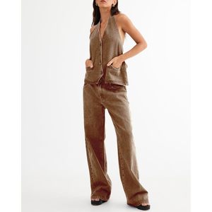 Ensemble en jean pour femme Fisoew, débardeur dos nu boutonné et jean à jambes larges, tenue 2 pièces - Product Image 2