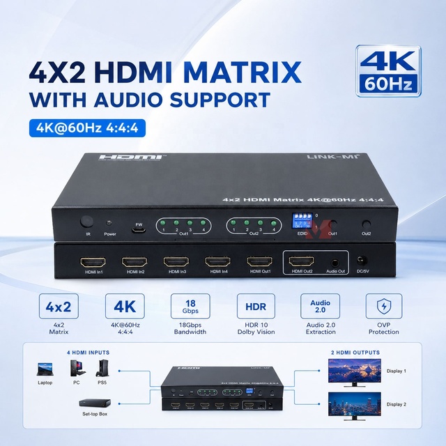 4K 4x2 HDMI Matrix HDMI Video Matrix Switcher 4 in 2 Out with Panel Button IR Control