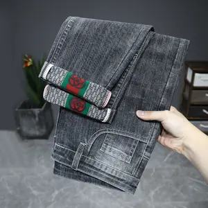 Herfst Winter Nieuwe Release Vintage Blauwe Heren Jeans Slim Fit Casual Stijl Elastische Taille Rits Logo Decoratie Duurzaam