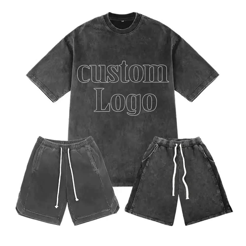 Custom Wash Logo Digitaal Bedrukt Hiphop Streetwear Vintage Acid Wash Oversized T-Shirt En Korte Broek