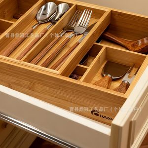 Bamboo Tableware <b>Storage</b> <b>Box</b> Rectangular Double Layer Drawer Organizer With Compartments For <b>Kitchen</b> Desktop Use - Product Image 4