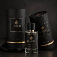 Vente en gros de flacons de parfum cosmétique ronds de 30 ml, 50 ml, 100 ml, avec emballage en tube de papier kraft et logo en feuille d'or
