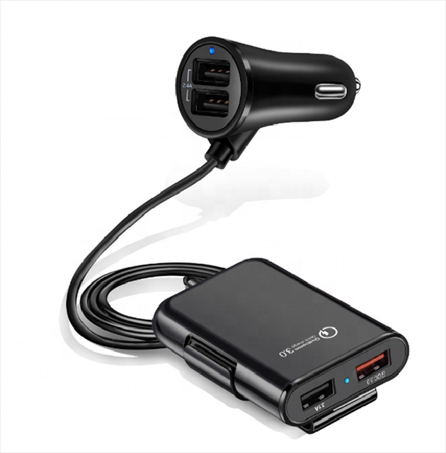 Car Charger QC3.0 One Drag Four 8A Fast Charge 4USB Front and Rear Car Charger With Cable Auto Black Fast Charge Supplies