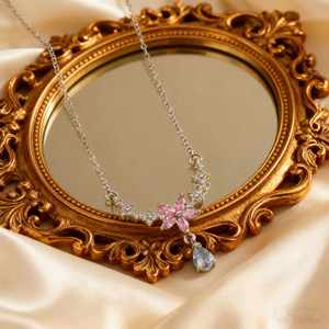 Collier tendance en acier inoxydable plaqué platine avec pendentif géométrique en forme de fleur et zircon en goutte d'eau, avec chaîne de clavicule - Product Image 3