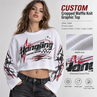 T-shirt personnalisé pour femme en maille gaufrée à col rond et manches longues, avec impression graphique vieillie, style décontracté
