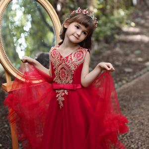 Princess Dress For Girls V Neck Ball Gown Red Tulle Flower Girl Dress With Gold Embroidery Kids Formal Wear - Product Image 4