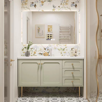 Meuble de salle de bain de luxe léger à la française, combinaison chêne et surface solide, vasque intégrée, lavabo sur pied