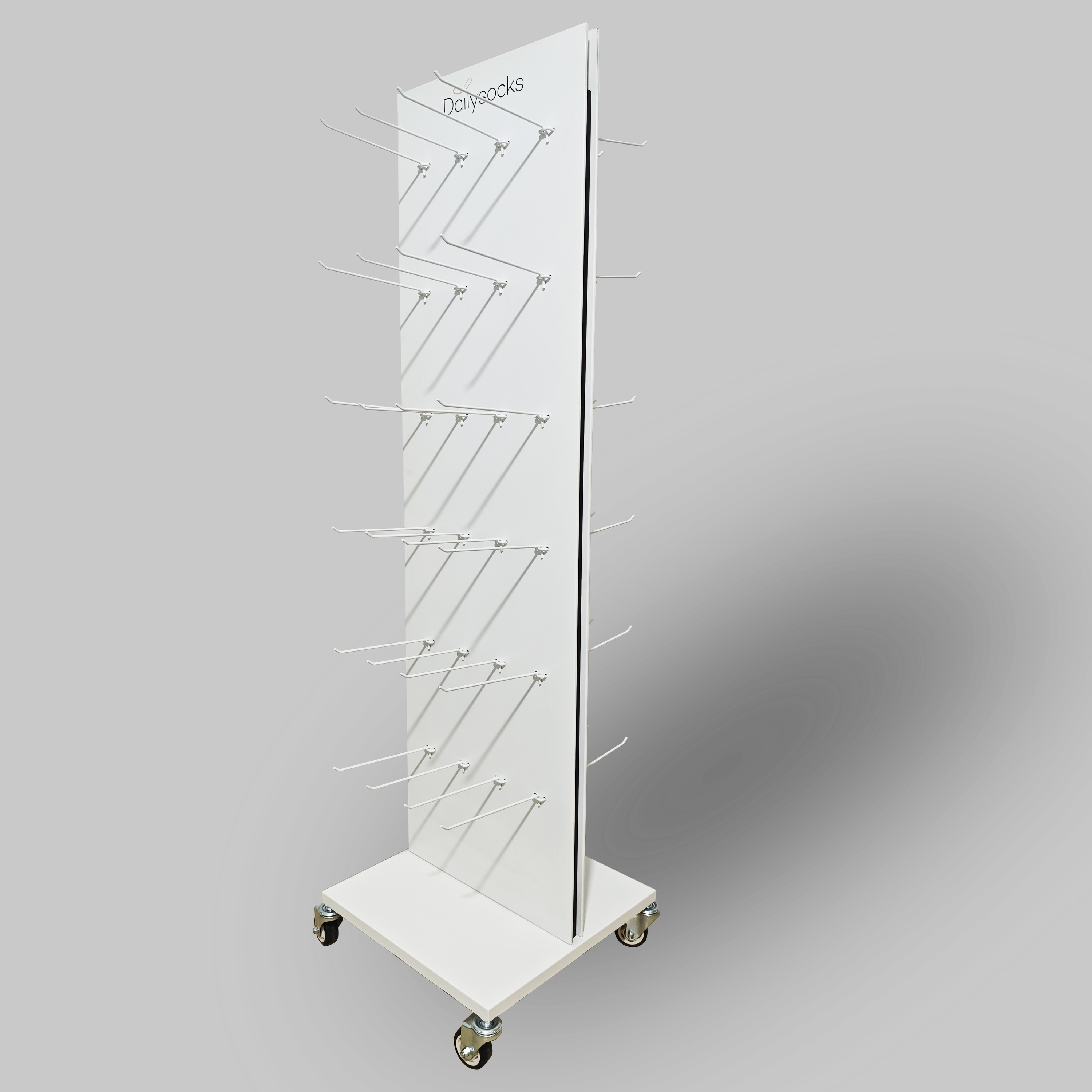 Metal Peg Board Floor Standing Advertising Display Stand Double-side Detachable Racks with Long Hooks Castor for Retail Shops — view 1
