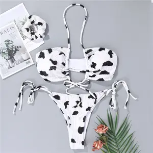 Koe Print Sexy Bikini Halter Badmode Vrouwen Lace Up Badpak Jong Meisje Liefde Sexi Bikini