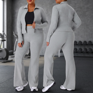 Plus Size Women Turtleneck Zipper Jacket High Waist <b>Flare</b> <b>Leggings</b> Fitness Gym Yoga Two-Piece Set Sweat-Wicking Front Washed - Product Image 3