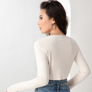 Suéter de cuello redondo liso de Invierno para mujer, camisa blanca de manga larga sin costuras de punto, suéteres ajustados para mujer - Product Image 6