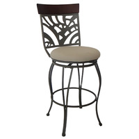 Tabouret de bar 30 pouces avec barre supérieure en bois et dossier découpé, coussin en lin, structure métallique antique, pour salle à manger et restaurant, Uetco