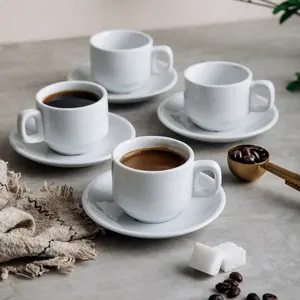 ถ้วยกาแฟพอร์ซเลนและจานรองนอร์ดิกทันสมัย100มล. ชุดถ้วยคาปูชิโน่เซรามิกสีขาวล้วนและชุดน้ำชา