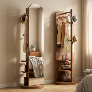 Modern Teak Wood Floor Standing Mirror Coat Rack with <b>Shelves</b> and Hangers for Clothing Storage in Bedroom - Product Image 3