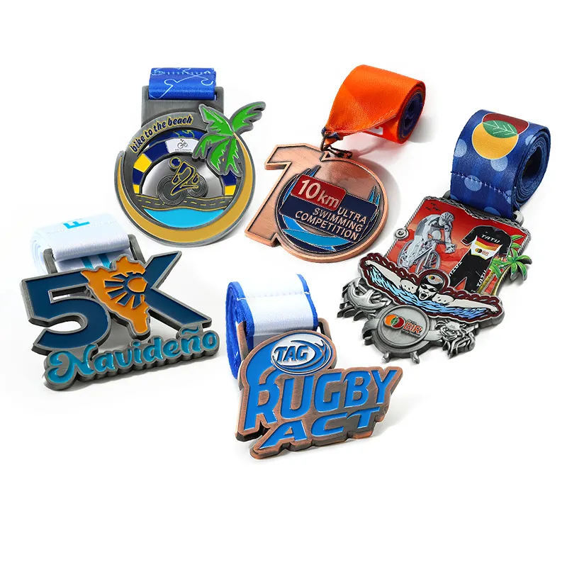 Medalla deportiva al por mayor 2d 3D aleación de zinc medallas metálicas esmaltadas Correr bicicleta nadar maratón medalla con cinta