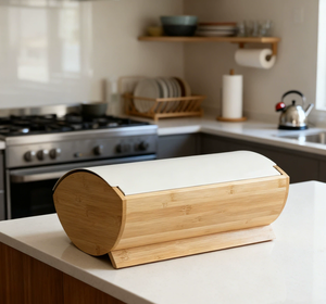 กล่องใส่ขนมปังฝาไม้ไผ่ OEM, กล่องเก็บขนมปังโลหะ, กล่องขนมปังสำหรับห้องครัว, กล่องใส่ขนมปังกันฝุ่นสำหรับร้านเบเกอรี่ขายส่ง - Product Image 3