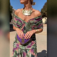 Nouvelle Robe Longue Maxi Femme 2026 en Chiffon Imprimé Floral Abstrait, Épaules Dénudées, Froncée, Style Bandeau, Vente en Gros