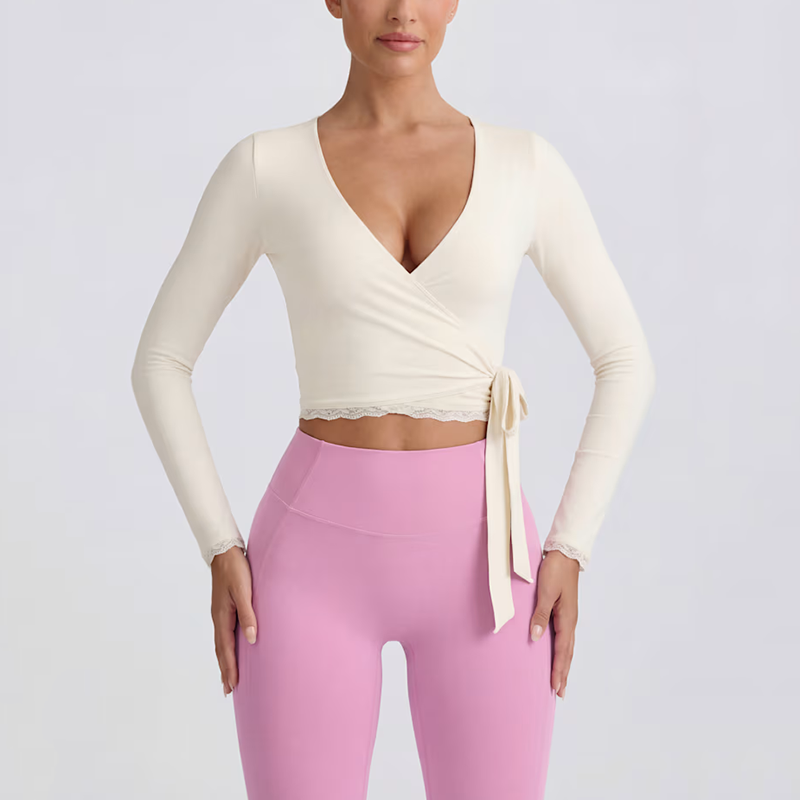 Custom Logo Women Deep V Neckline Stretch Active Wear Solid Long Sleeves Yoga Shirt Adjustable Lace Trim Tie Waist Knit Wrap Top