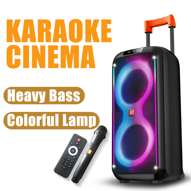 Dual 8 Inch Portable Trolley Party Speaker with RGB Light Show,Wireless Microphone, Blue Tooth FM USB