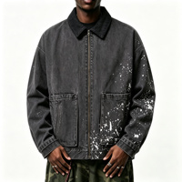 Veste en jean vintage délavé à l'acide, col montant, fermeture éclair, design rétro, batik, effet éclaboussures de peinture, sur mesure OEM, haute qualité, pour hommes