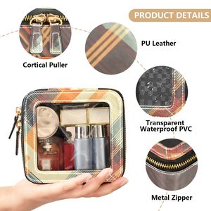 Bolsa de Maquillaje Vintage de Cuero a Cuadros con Ventana Transparente, Organizador de Artículos de Aseo Portátil para Viaje, Bolsa Cosmética Pequeña para el Bolso - Product Image 5
